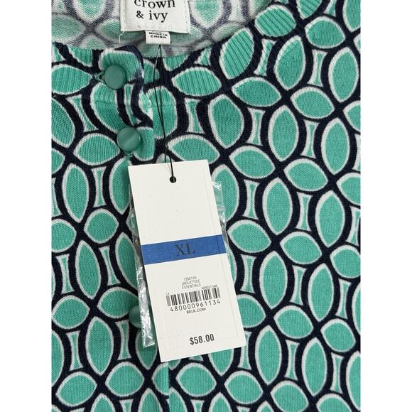NEW Crown & Ivy Womens Sweater Size XL Green Lattice Cardigan Essentials Preppy - Picture 2 of 2